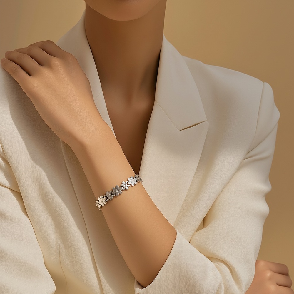 Thick 925 Sterling Silver Floral Bracelet